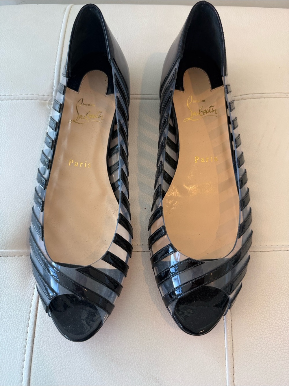 Christian Louboutin Black Patent Strappy Peep-Toe Flats